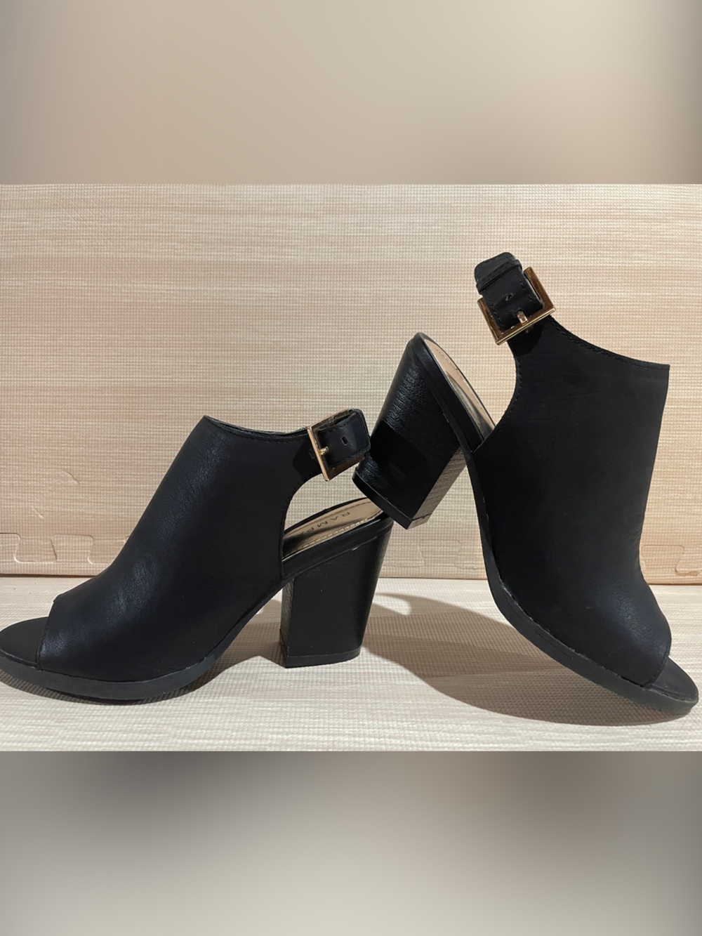 Rampage Black Peep-Toe Slingback Block Heels with Gold Buckle